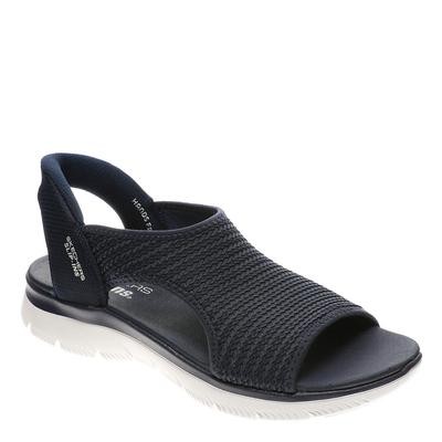 Navy slip-on sandals featuring a textured knit H-band, yoga foam cushioning, and a lightweight white sole, designed for comfort and style.