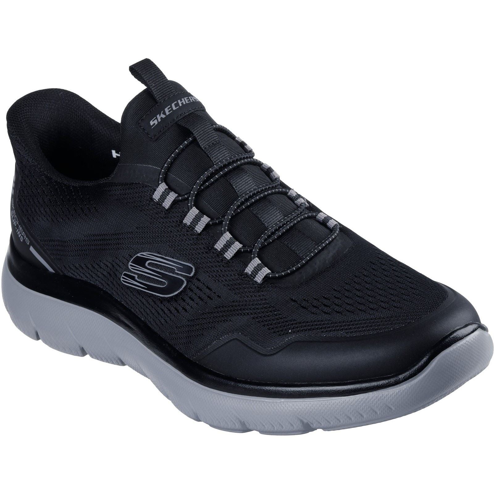 Black and charcoal textile trainers featuring a sleek design, elastic laces, and a cushioned sole, ideal for comfort and style in casual wear.