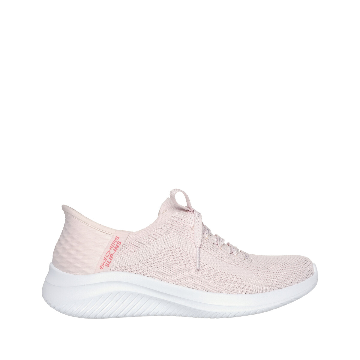 Light pink textile trainers with a breathable knit upper, lace-up design, and a cushioned white sole, featuring a textured heel and Skechers branding on the side.