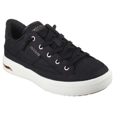 Black Skechers Women's Arch Fit Arcade Meet Ya There Sneakers with a cushioned sole, lace-up design, and subtle rose gold accents, size 6.0 M.