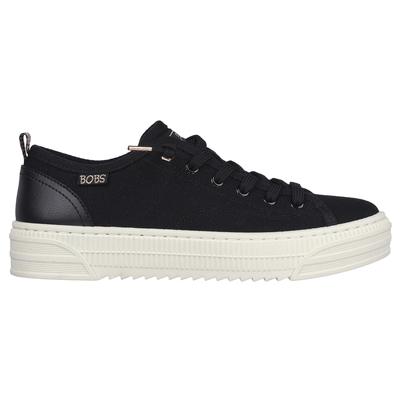 Black canvas trainers with a textured upper, featuring a white rubber sole, lace-up design, and "BOBS" logo on the side.