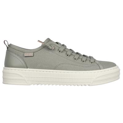 Olive green Skechers Bobs Copa trainers featuring a canvas upper, lace-up design, and a chunky white rubber sole with a textured finish.