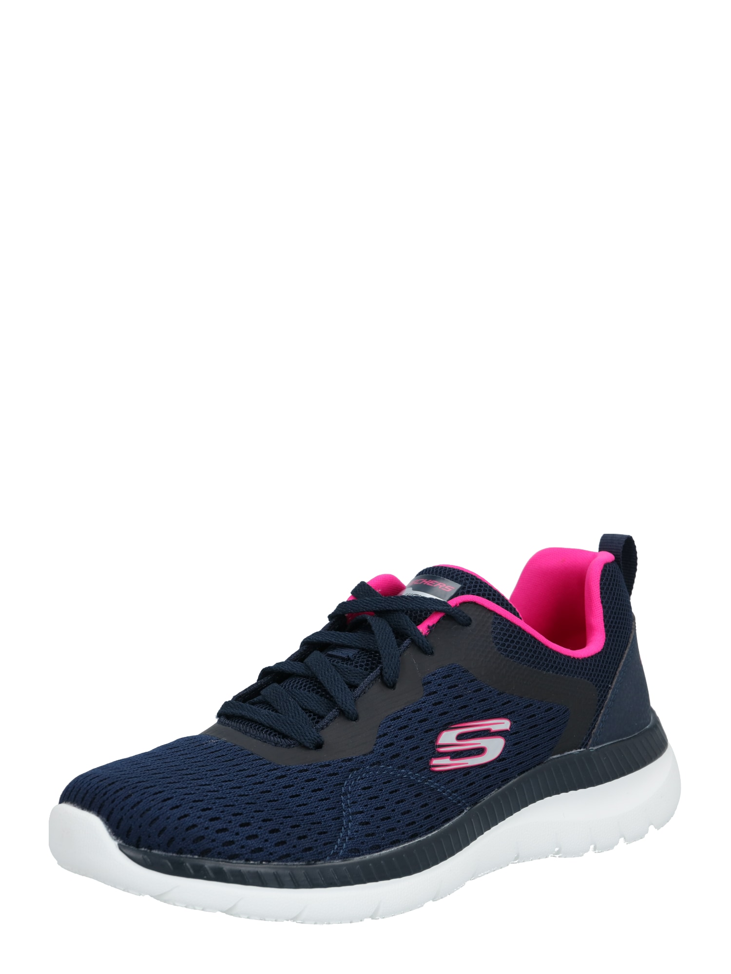 Navy Skechers Bountiful Quick Path Shoes featuring a breathable mesh upper, pink accents, and a cushioned white sole for comfort and support.