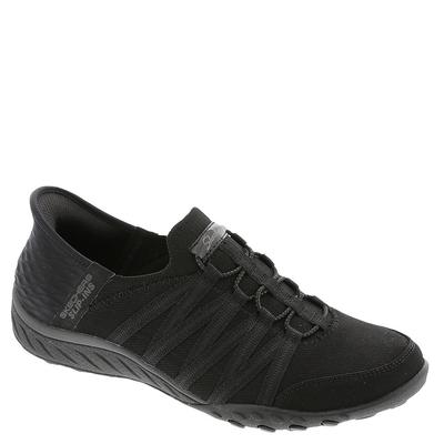 Black Skechers Breathe-Easy Roll-with-Me shoes featuring a sleek design, elastic laces, and a flexible sole, made from breathable materials for comfort and style.