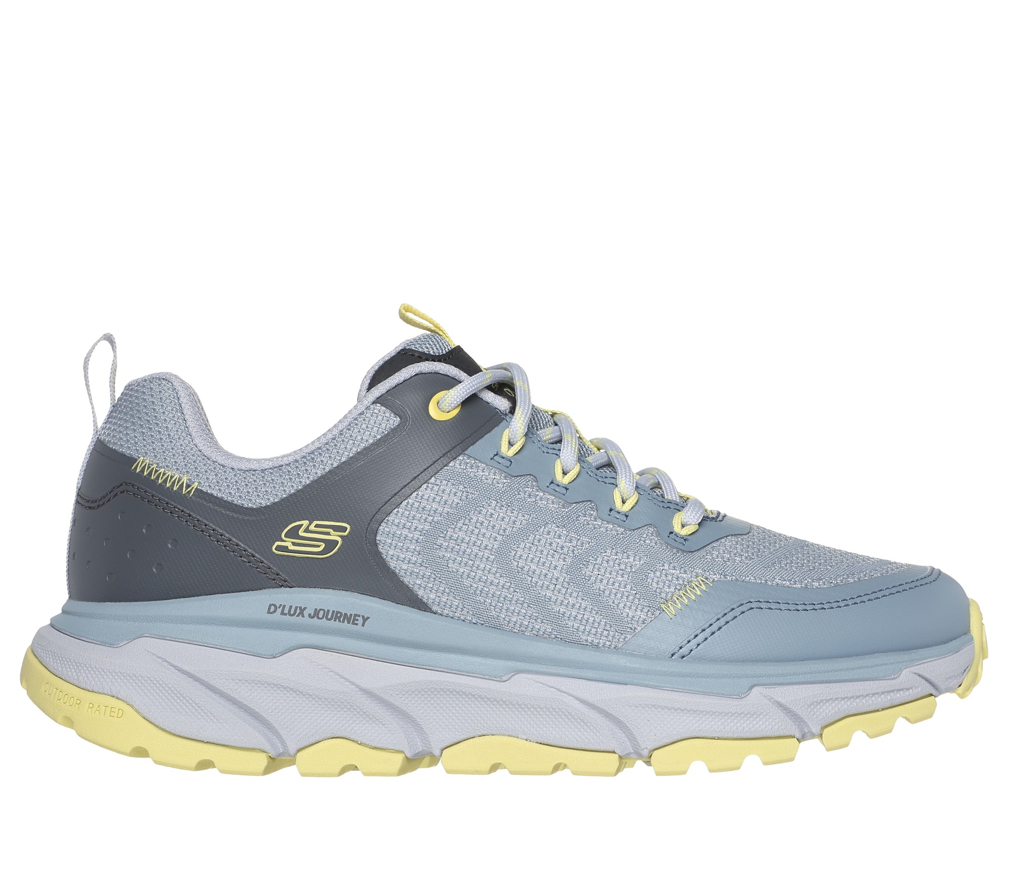 Blue Skechers D Lux Journey road running shoes for women feature a breathable mesh upper, cushioned sole, and yellow accents for added style and comfort.