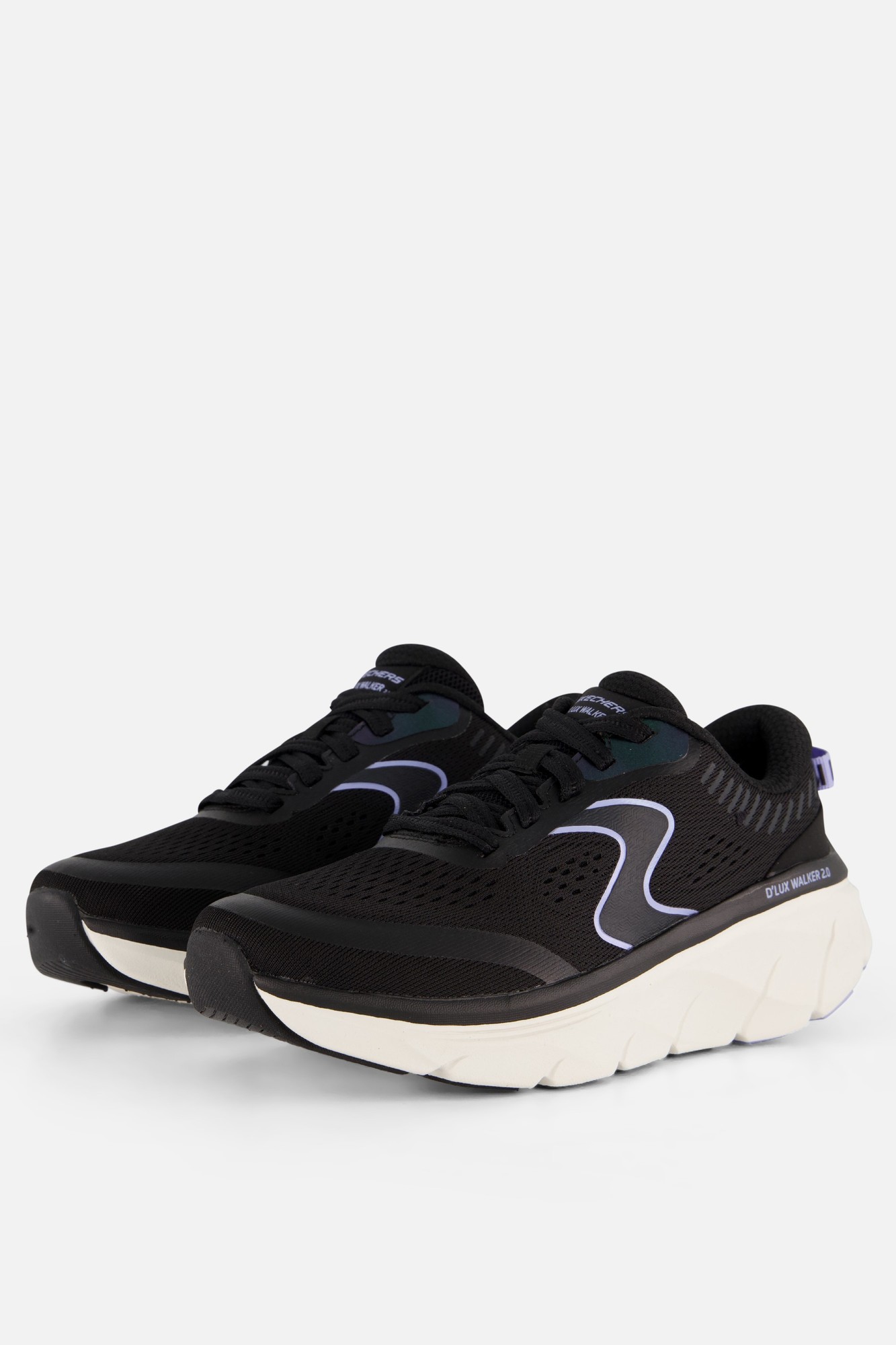 Skechers Women's D'Lux Walker 2.0 trainers feature a black mesh upper with lavender accents, a cushioned sole, and a sleek design ideal for active wear.