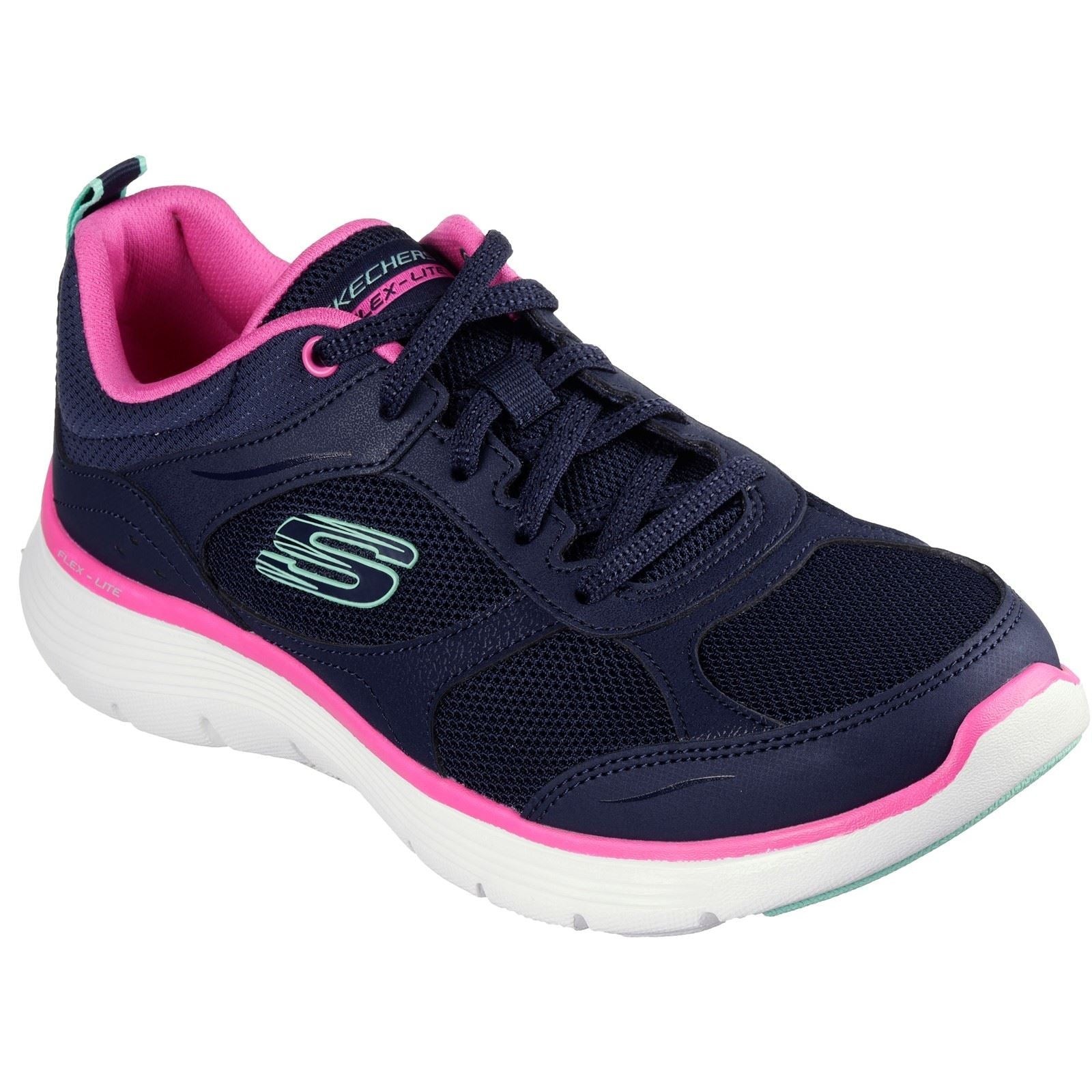Navy and hot pink Skechers Women's Flex Appeal 5.0 trainers featuring a breathable mesh upper, cushioned sole, and signature logo on the side.