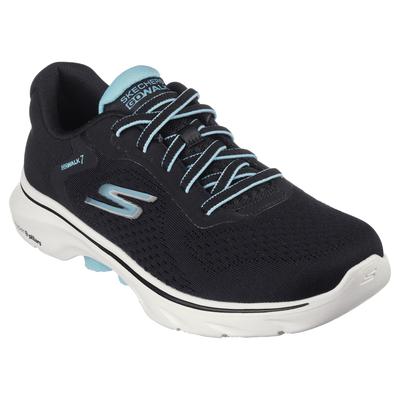 Skechers Women's GO WALK 7 trainers feature a black mesh upper with turquoise accents, a cushioned sole, and a lightweight design for comfort and support.