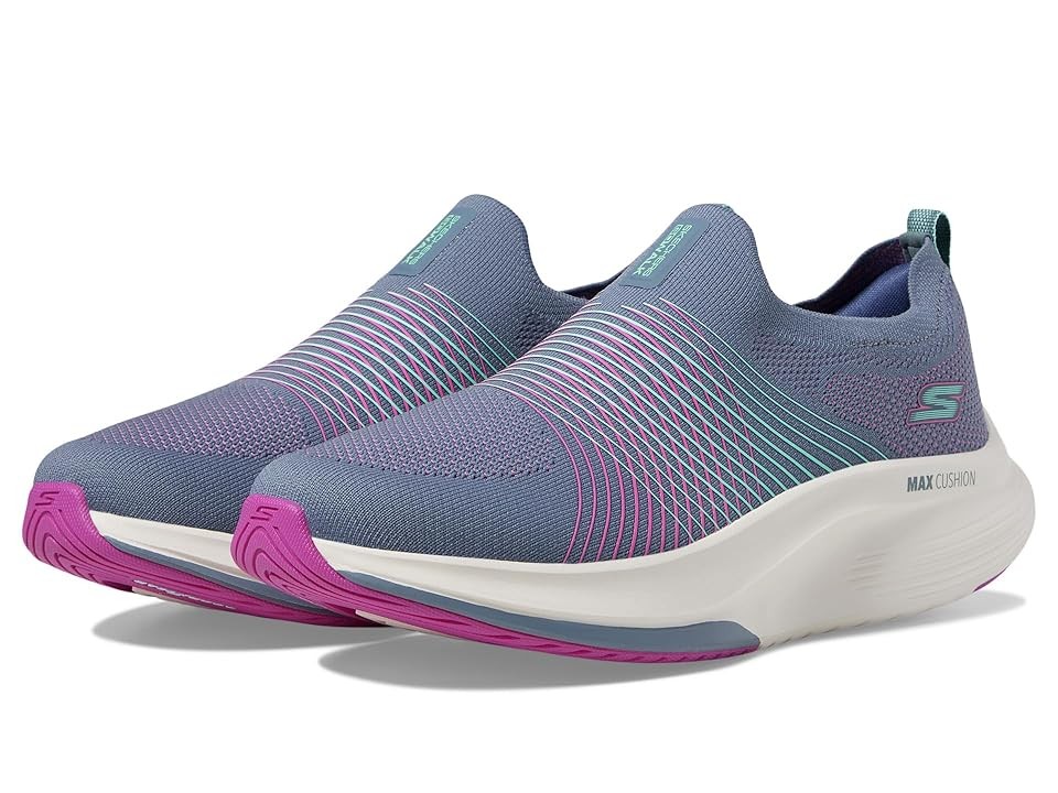 Charcoal and purple Skechers Women's GO WALK Max Walker Sally Shoes featuring a slip-on design, breathable mesh upper, and cushioned sole for comfort.