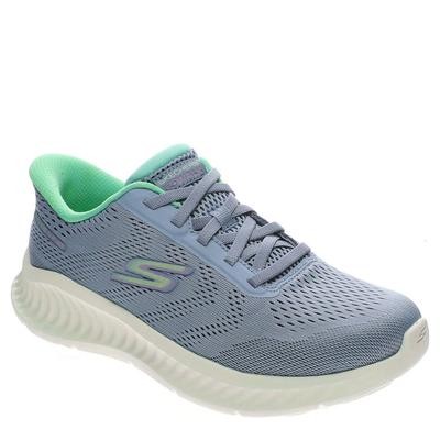 Blue Skechers Go Walk Now Khloe trainers feature a breathable mesh upper, a cushioned sole, and a mint green collar, designed for comfort and style.