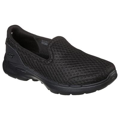 Black slip-on trainers for women by Skechers, featuring a breathable mesh upper, cushioned sole, and a lightweight design, available in UK size 3.