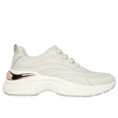 Skechers Women's Hazel Step N Flow Trainer in natural color features a sleek design with a light grey upper, metallic accents, and a cushioned white sole, size 3.