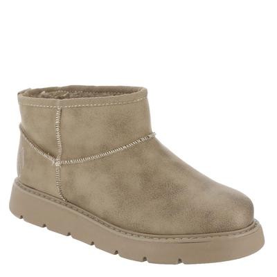 Taupe ankle boots made of soft suede-like material with a cozy interior lining, featuring a low-profile sole and stitched detailing for added style.