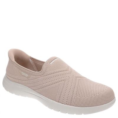 Blush Skechers Women's on-the-GO Flex Excellency Shoe features a breathable mesh upper, slip-on design, and a flexible white sole for comfort and style.