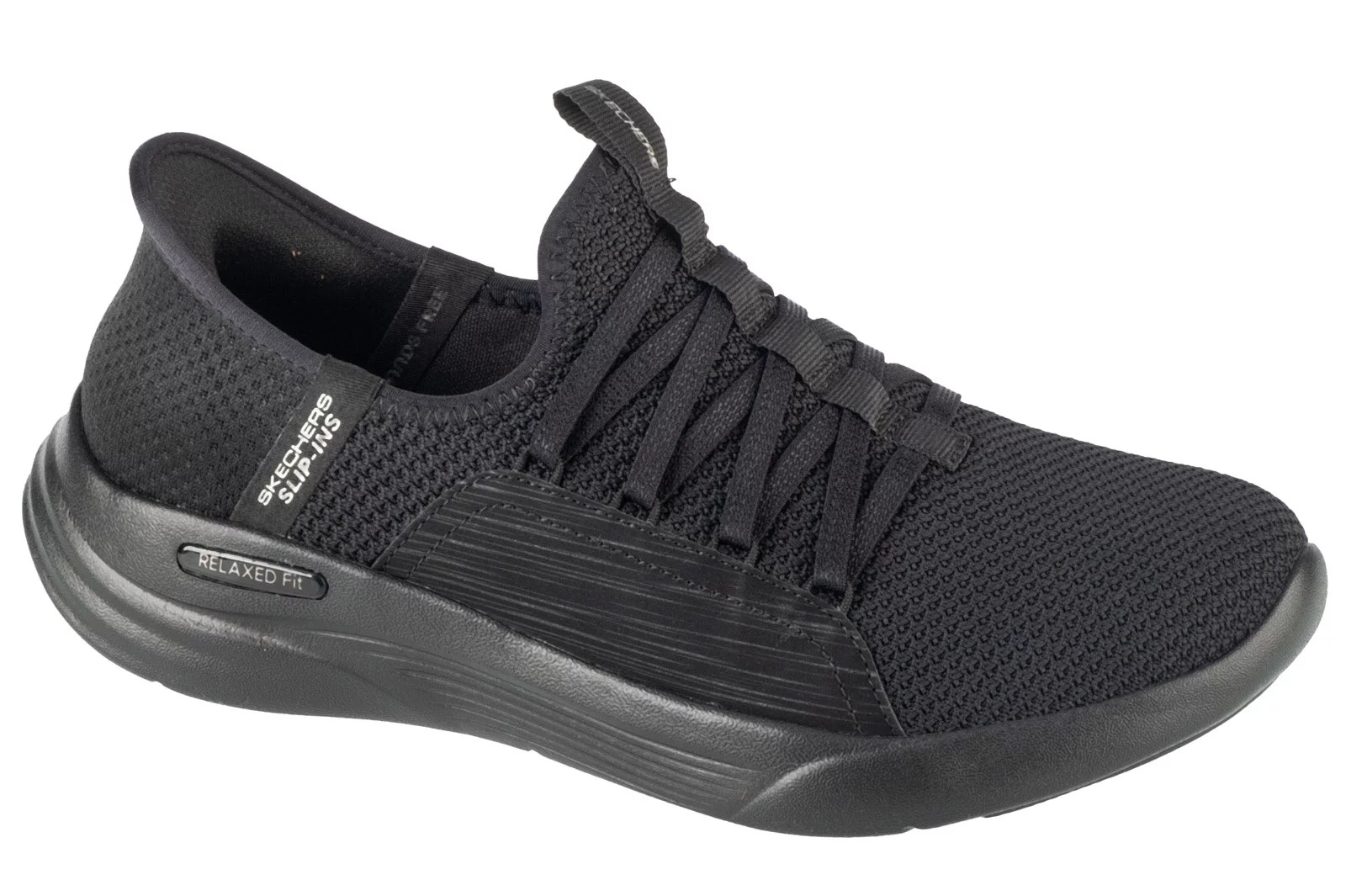 Black Skechers Relaxed Fit Sport - Ballet Chic Shoe featuring a breathable mesh upper, elastic laces, and a lightweight sole for comfort and flexibility.