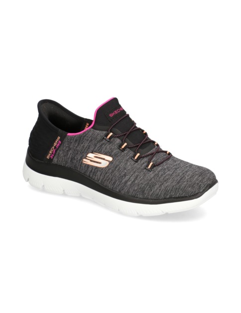 Skechers Women's Summits Dazzling Haze Shoes feature a black and multi-colored knit upper, with pink accents, lace-up design, and a cushioned white sole for comfort.