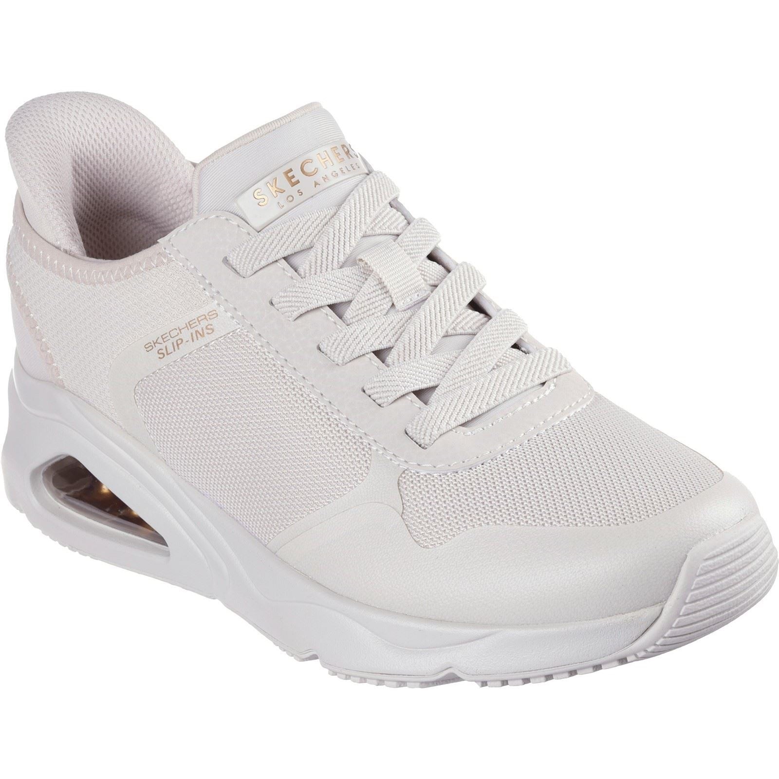 Off-white Skechers Tres-Air Uno Easy Steppers trainers featuring a breathable mesh upper, padded collar, and a visible air-cushioned sole for comfort.