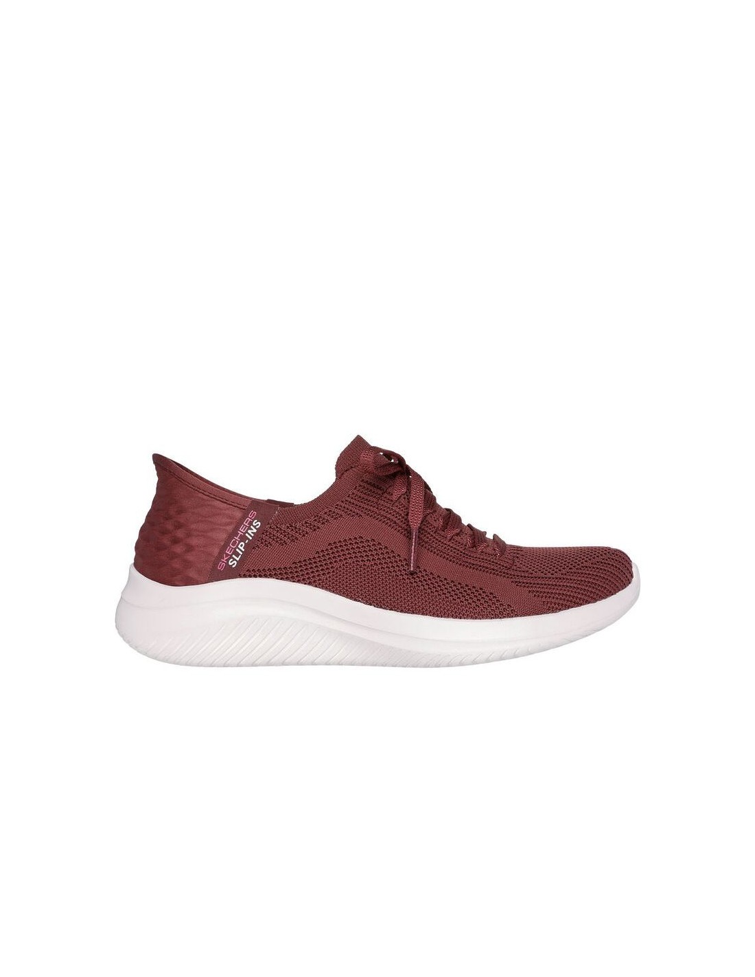 Burgundy Skechers Women's Ultra Flex 3.0 Brilliant Path Shoes featuring a breathable mesh upper, lace-up design, and a cushioned white sole for comfort.