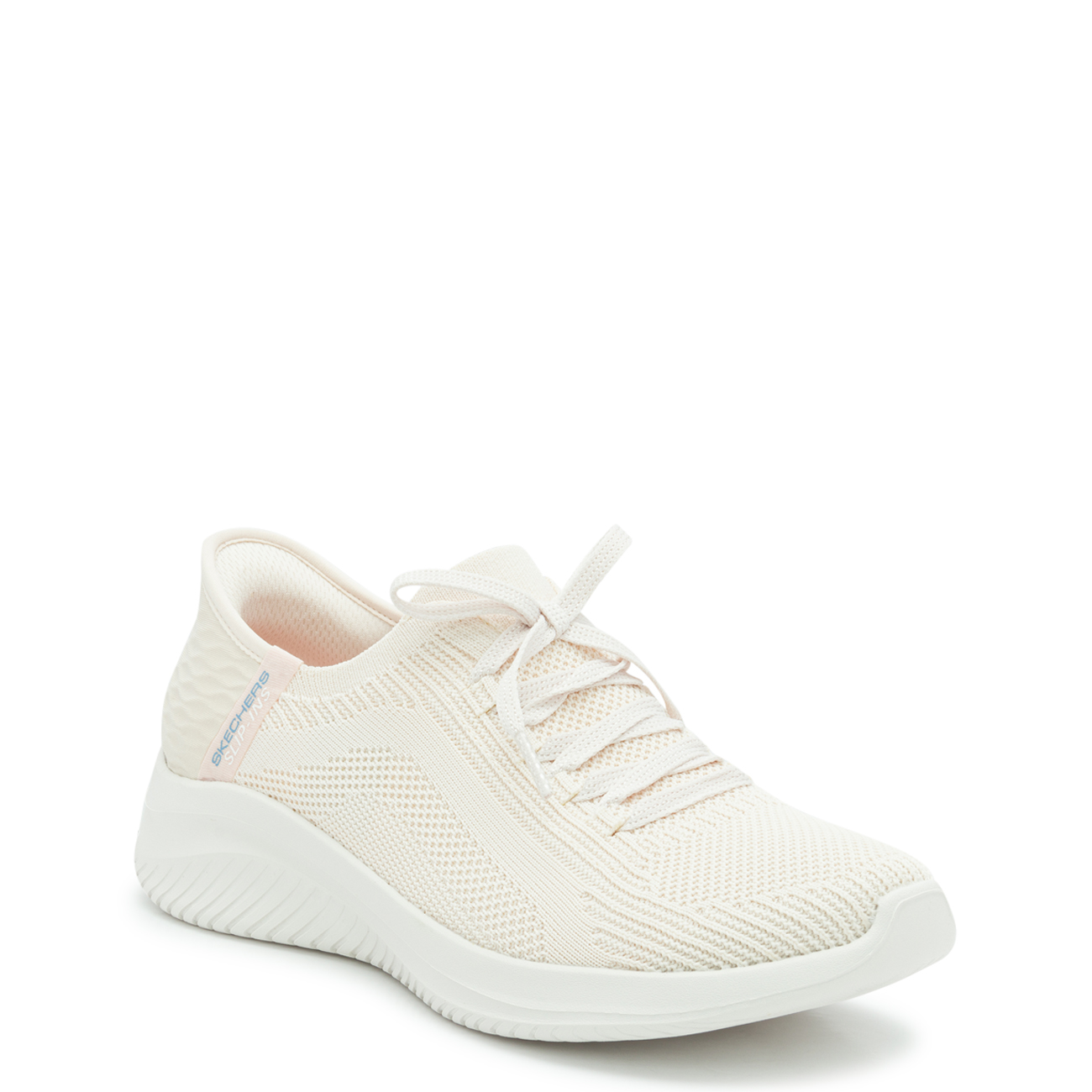 Skechers Women's Ultra Flex 3.0 shoes in natural color feature a breathable knit upper, lace-up design, and a cushioned white sole for comfort and style.
