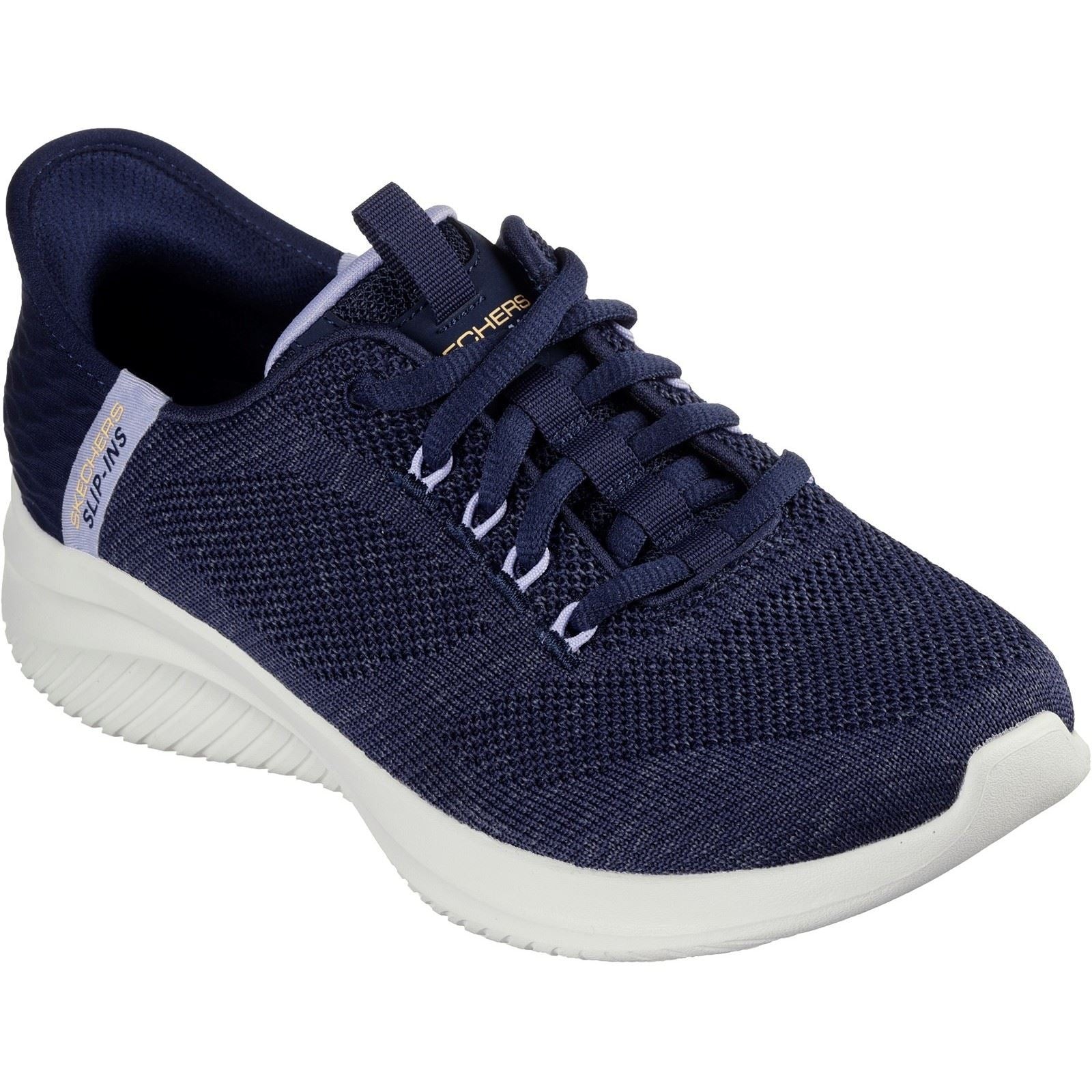 Navy and lavender Skechers Women's Ultra Flex 3.0 Easy Step Shoes featuring a breathable mesh upper, lace-up design, and a cushioned white sole for comfort.