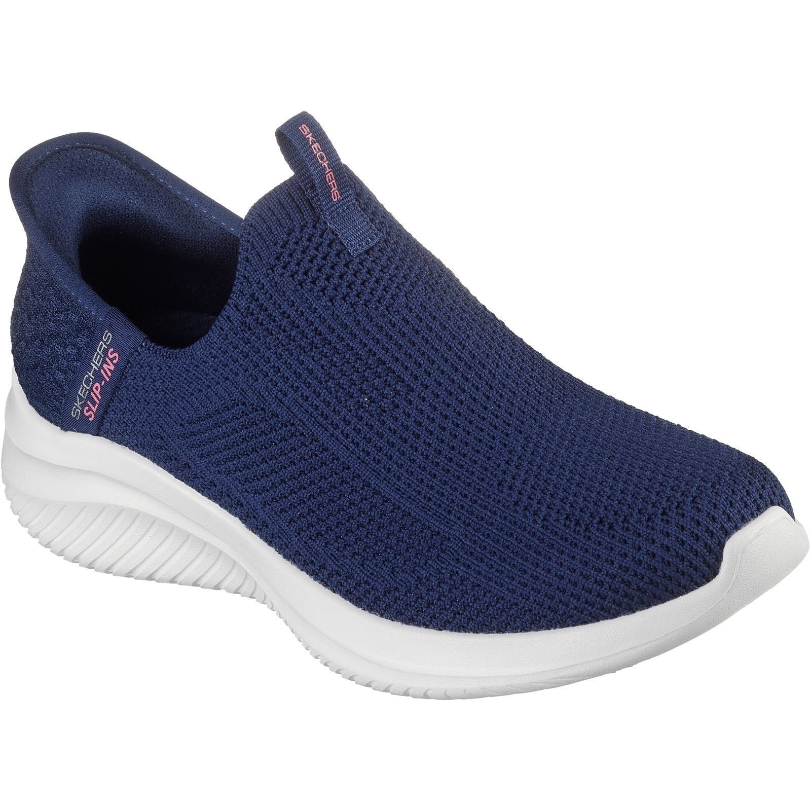 Navy slip-on trainers with a breathable knit upper, featuring a cushioned white sole and subtle Skechers branding on the side and heel.
