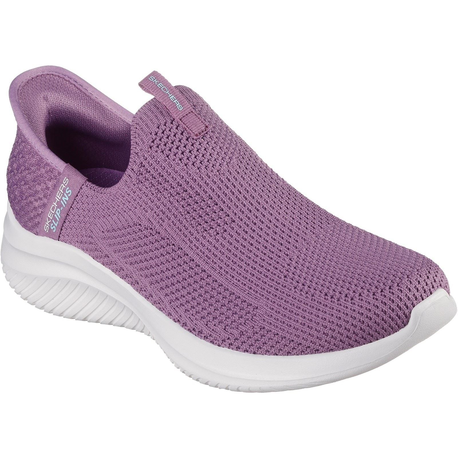 Purple Skechers Women's Ultra Flex 3.0 Easy Win Trainers with a breathable knit upper, slip-on design, and a cushioned white sole for comfort and style.