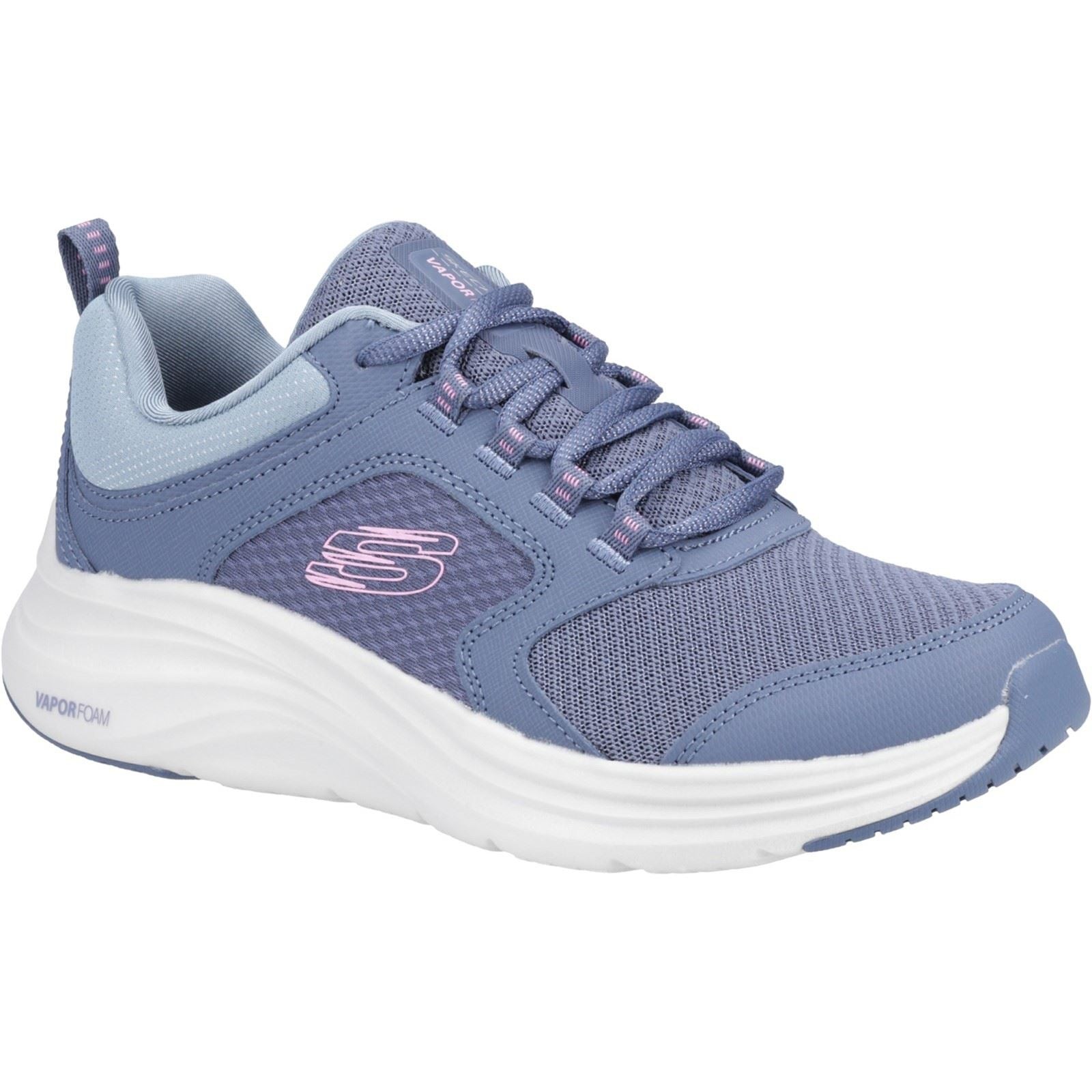 Skechers Women's Vapor Foam Trainer in slate blue and pink, featuring a breathable mesh upper, cushioned sole, and signature logo on the side.