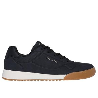 Black polyester women's sneakers with a white midsole and gum rubber outsole, featuring a lace-up design and the Skechers logo on the side.
