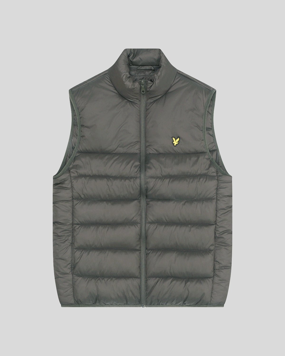 Sleeveless down jacket in dark green with a high collar, featuring a zip front and padded design, adorned with a small yellow Lyle & Scott logo on the chest.