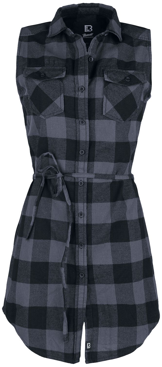 Sleeveless black-grey checkered longshirt with a button-down front, two chest pockets, and a tie waist, made from soft fabric, available in size XS for women.