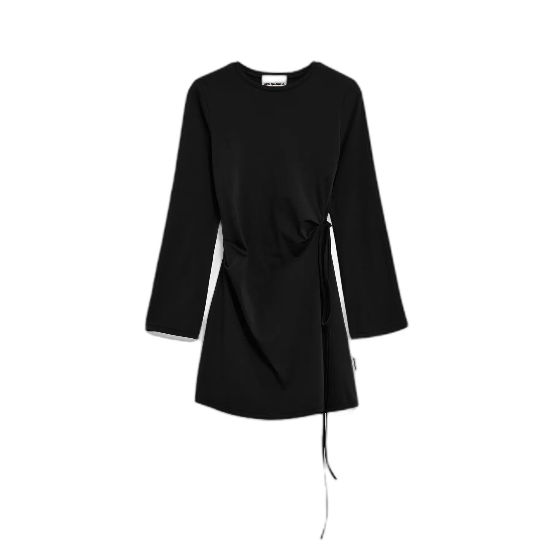 Slim fit black jersey dress with long sleeves, featuring a wrap design and adjustable tie detail at the waist for a stylish silhouette.