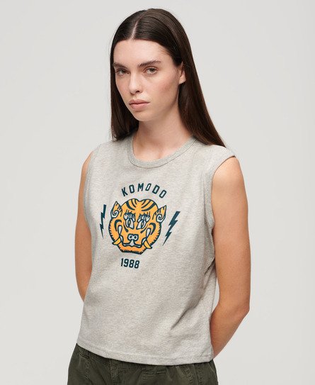 Light grey slim-fit tank top featuring a bold Komodo tiger graphic in orange and blue, with "1988" text, made from soft cotton material.