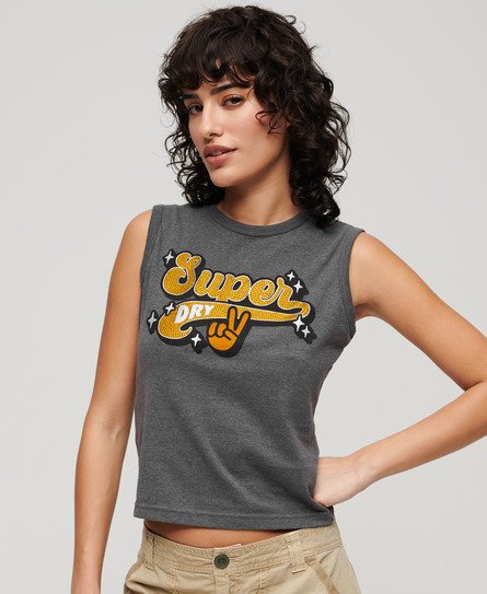 Gray slim-fit tank top featuring a retro "Superdry" graphic in yellow and orange, with a peace sign, made from soft cotton material.