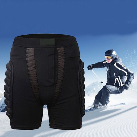 Black padded shorts designed for skiing and snowboarding, featuring protective hip padding, mesh panels for breathability, and a snug fit for impact protection.