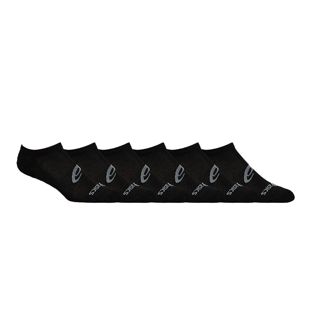 Black ankle socks by ASICS, featuring a low-cut design, made from a soft material, with the ASICS logo prominently displayed in gray on each pair, sold in a pack of six.