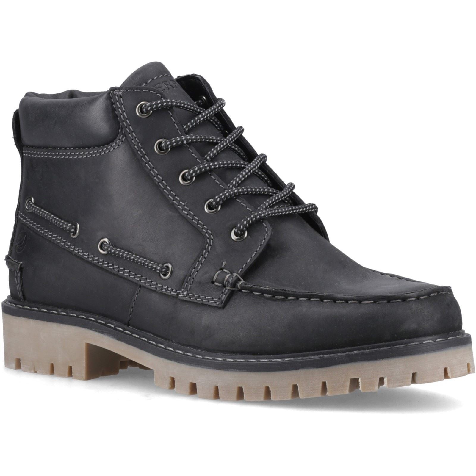 Black leather ankle boots with a rugged sole, featuring lace-up closure, contrast stitching, and a padded collar for added comfort.