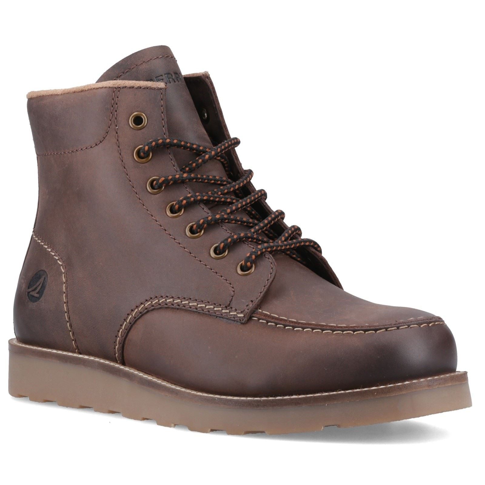 Brown leather ankle boots featuring a lace-up design, padded collar, and a durable rubber sole, ideal for casual wear and outdoor activities.