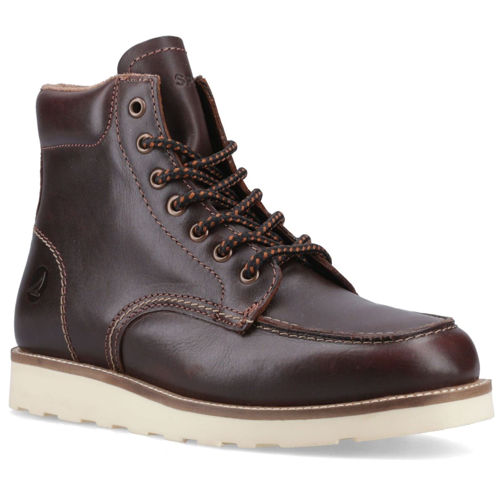 Chocolate brown leather ankle boots with a lace-up design, featuring contrasting stitching and a white rubber sole for added comfort and style.