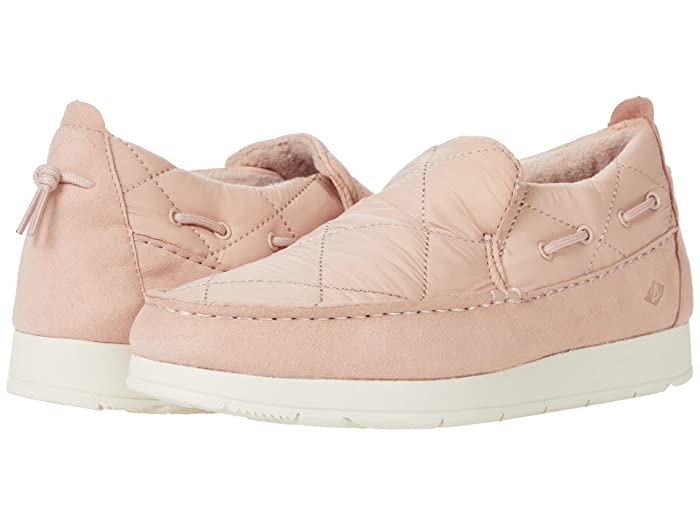 Light pink nylon slip-on shoes with quilted detailing, featuring a soft interior lining and decorative laces on the sides, set on a white rubber sole.