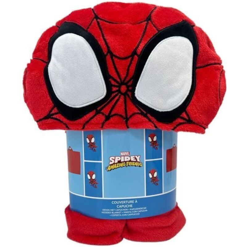 Red plush hooded blanket featuring Spiderman's face with large white eyes, measuring 120 x 150 cm, designed for warmth and comfort.