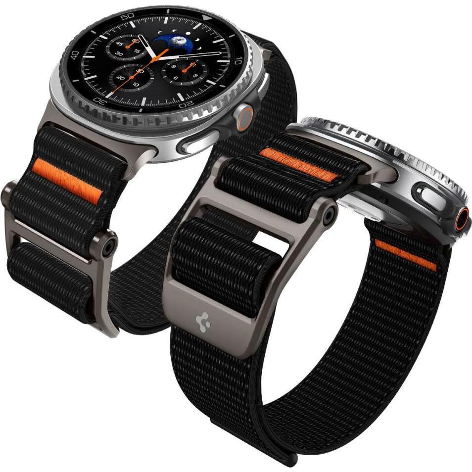Black fabric watch band with orange accents, featuring a durable design and metal buckle, compatible with smartwatches for a stylish and secure fit.