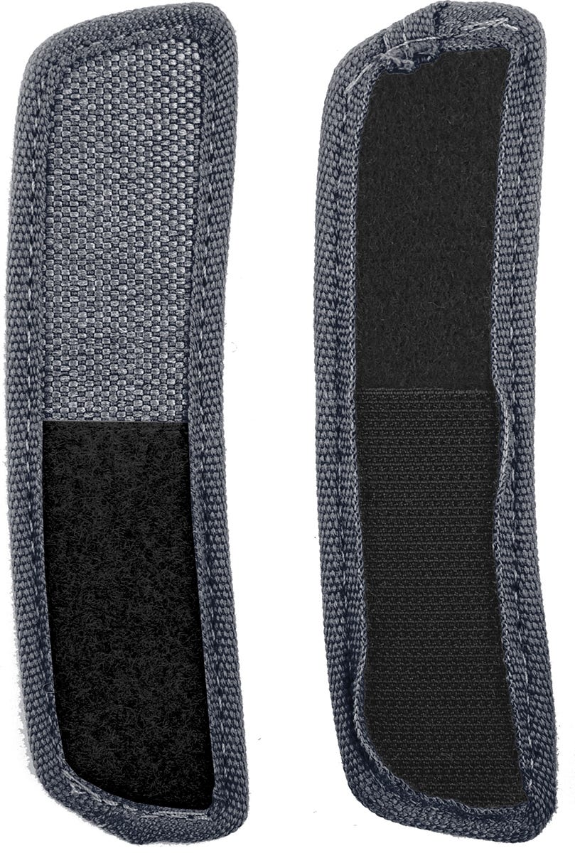 Grey fabric strap extensions with a textured surface and soft black backing, designed to provide extra length for footwear adjustments.