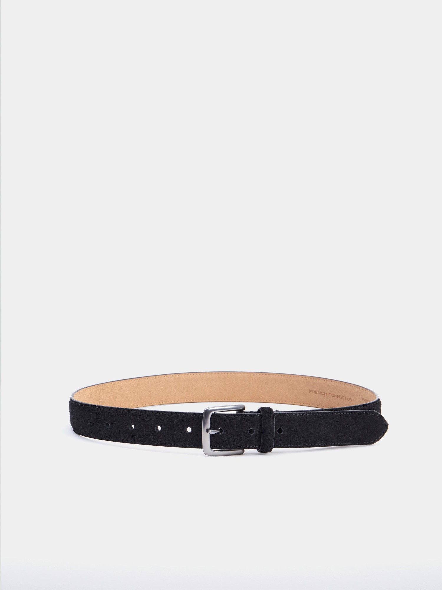 Black suede belt with gunmetal buckle and adjustable holes, featuring a smooth tan leather interior.