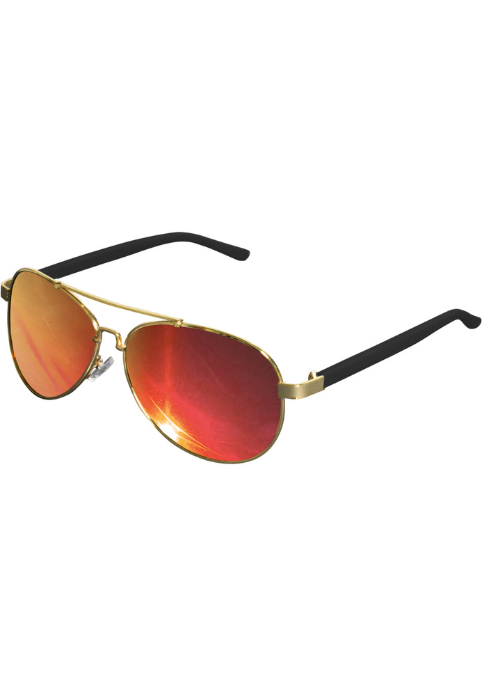 Gold and purple mirrored sunglasses with a sleek aviator design, featuring black temple arms and a shiny finish on the lenses.