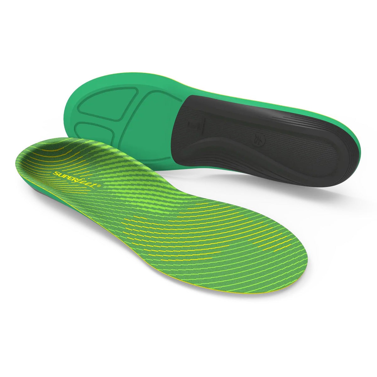 Superfeet Active Support High Arch insoles in vibrant green with a textured surface, featuring a supportive arch and cushioned heel for enhanced comfort and stability.