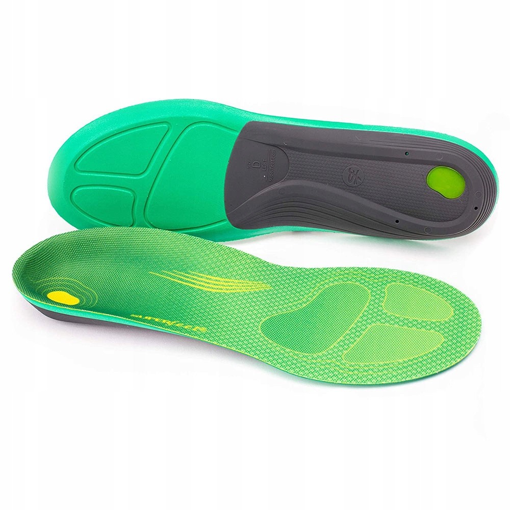 Green and black SuperFeet Run-comfort insoles, designed for shoe sizes 39-41, featuring a textured surface and arch support for enhanced comfort and stability.