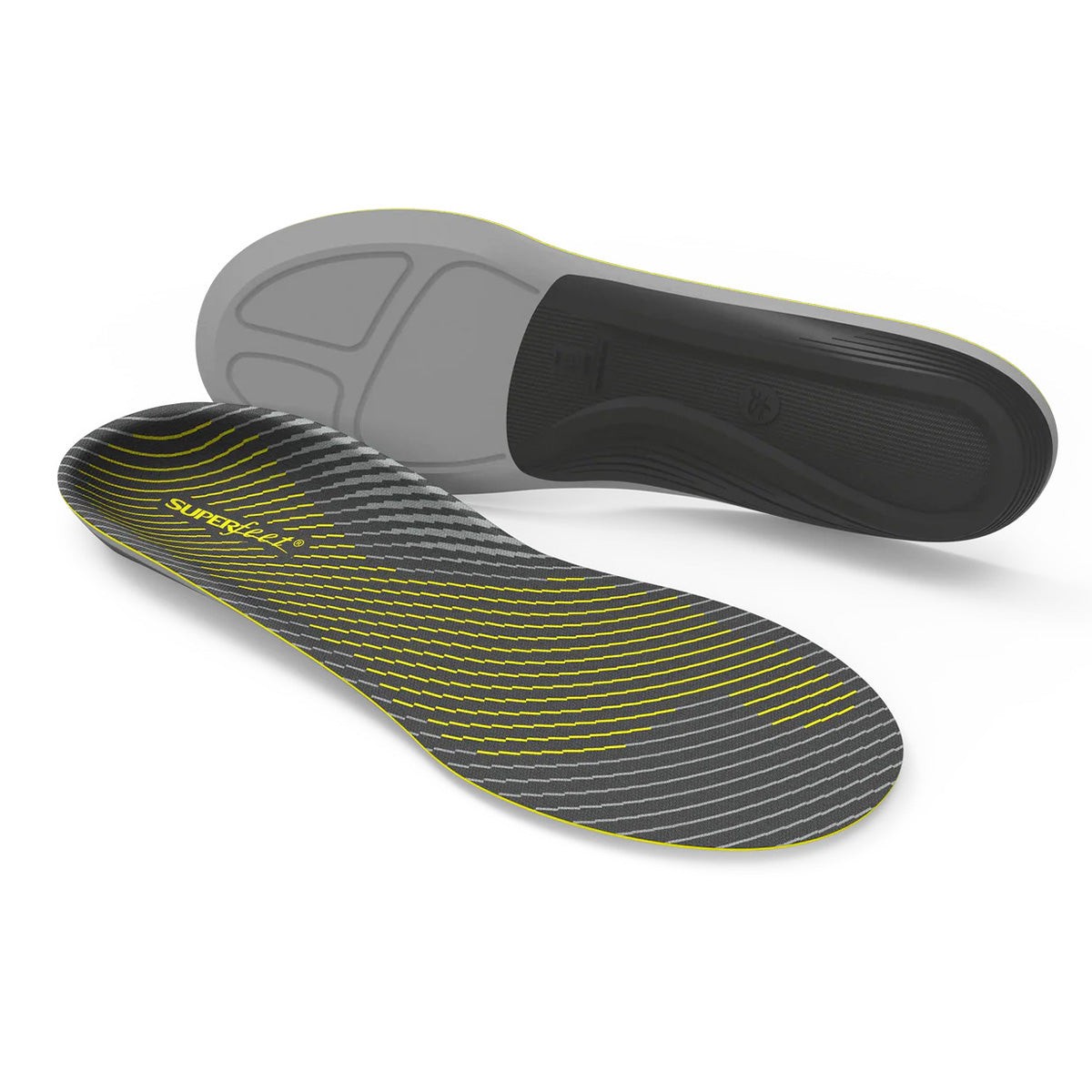 Superfeet Active Support Low Arch (V2) insoles in carbon color feature a textured black and gray design with yellow accents, designed for comfort and support.