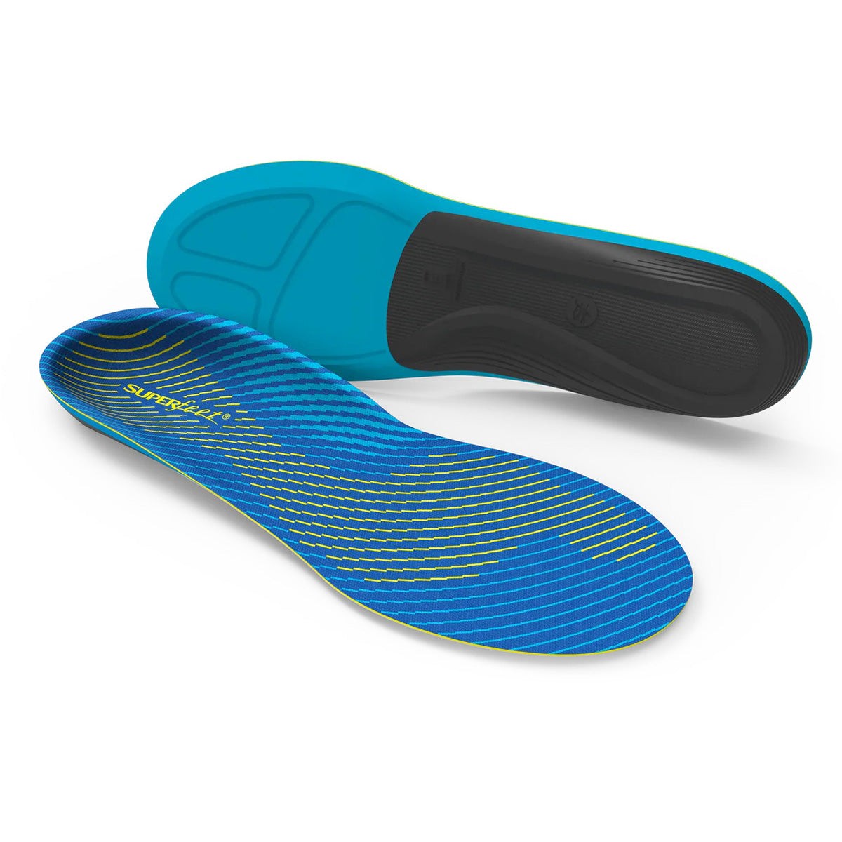 Blue and black insoles with a medium arch design, featuring a wave pattern in yellow and blue, made from a flexible material for active support.