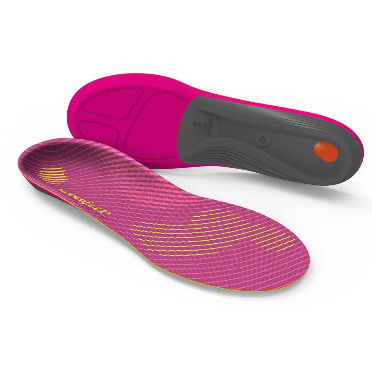 Superfeet Active Women's Support insoles in vibrant pink with a textured surface, featuring a black heel cup and an orange accent for added support and comfort.
