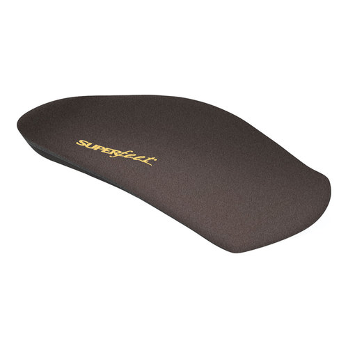 Brown orthotic insole with a smooth texture, featuring the "Superfeet" logo in gold, designed for comfort and support in dress shoes, size 5.5 and larger.
